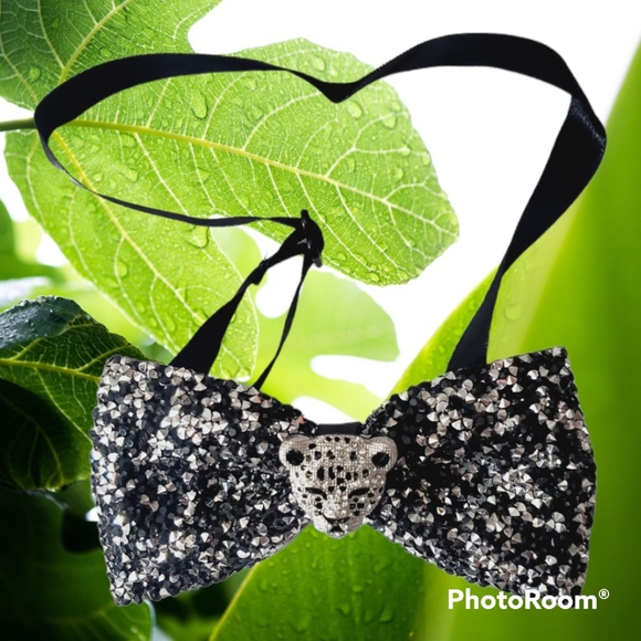 Mens blinged out leopard bowtie wedding groom black tie suit custom handmade OS - Picture 10 of 12